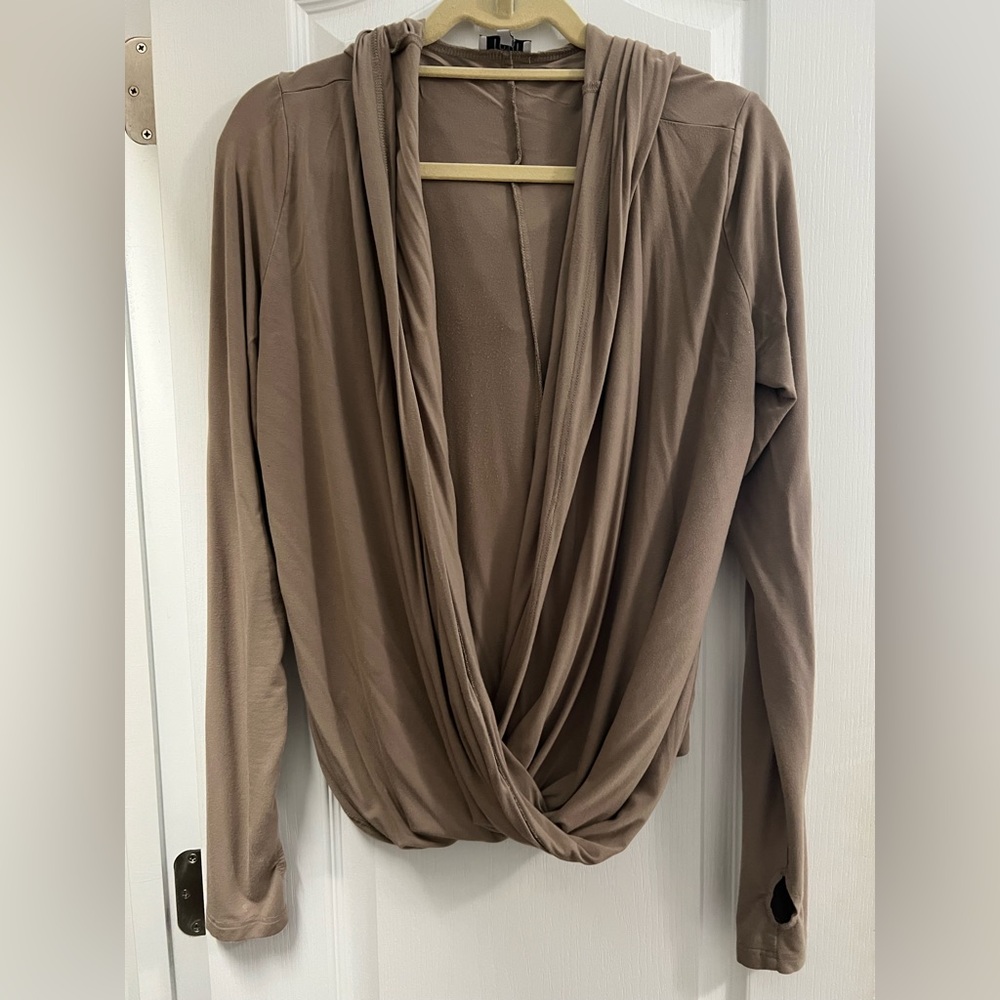 Tobi hooded pullover with criss cross front cowl